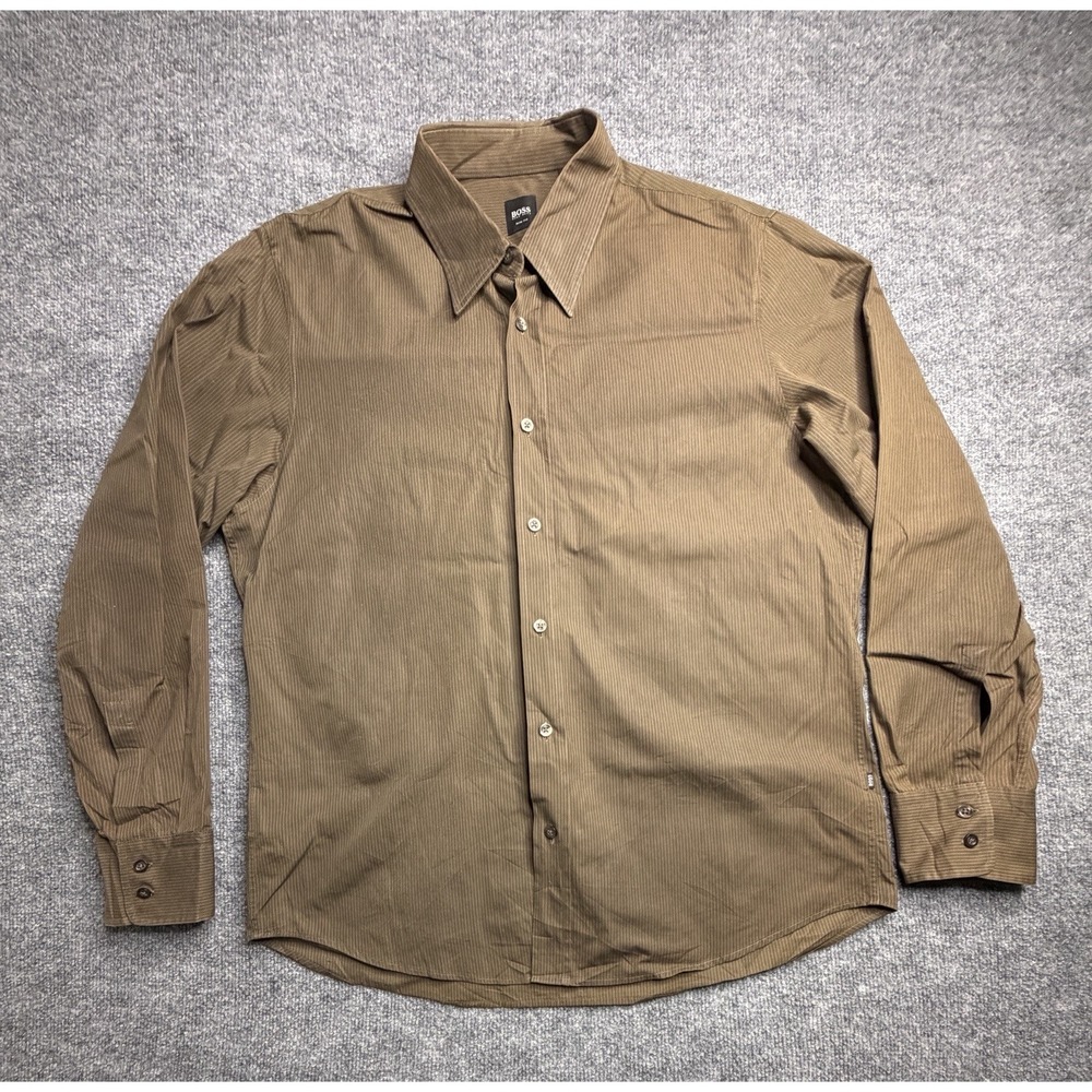 Hugo Boss Shirt Men's XL Long Sleeve Button Down Brown Cotton Casual Stripe
